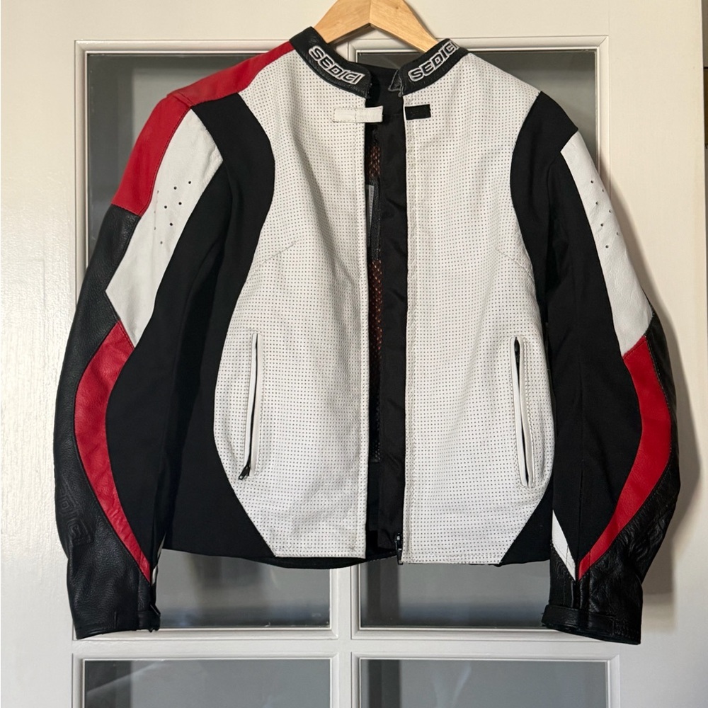 Sedici Women's Black, White, and Red Leather Jacket